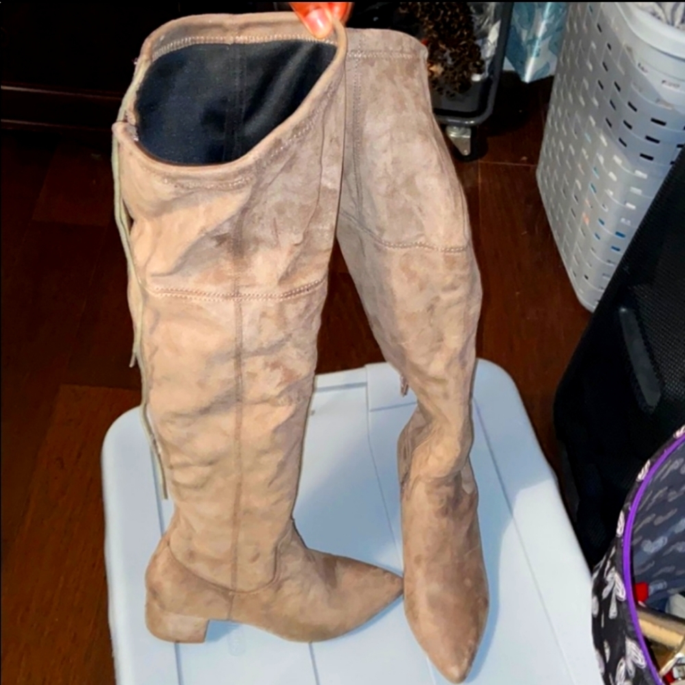 Taupe Faux Suede over Knee Boots small heel